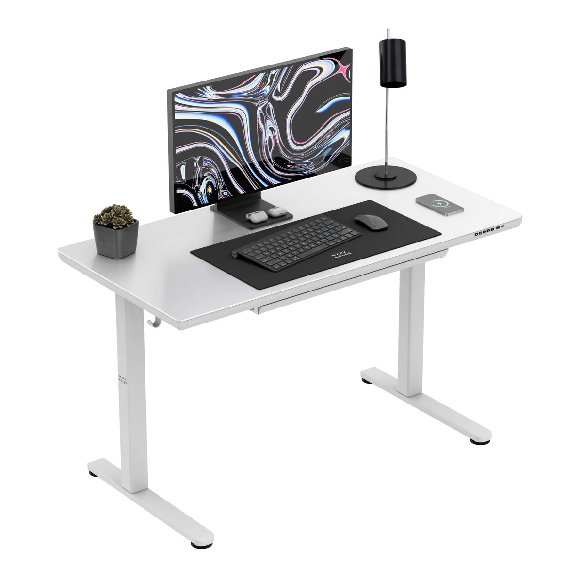 Mark Adler Leader 8.5 White electric desk with a glass top