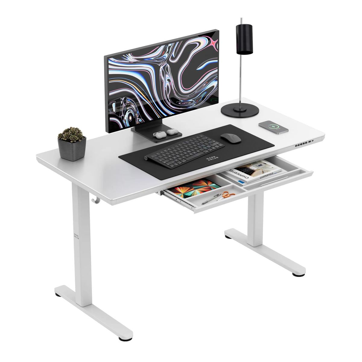Mark Adler Leader 8.5 White electric desk with a glass top
