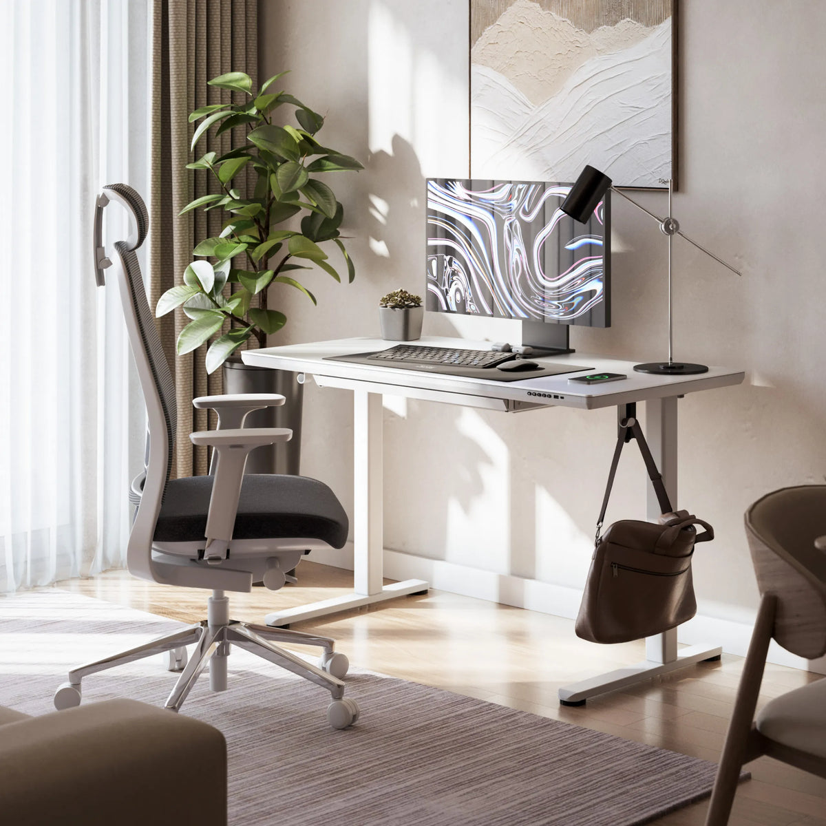 Mark Adler Leader 8.5 White electric desk with a glass top