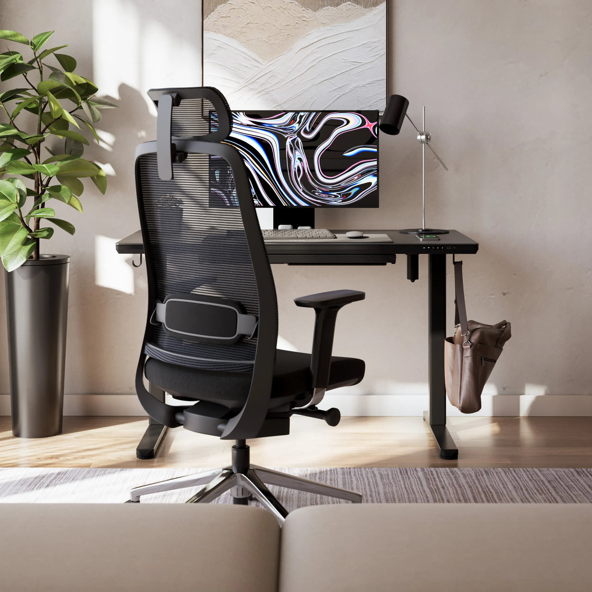 Mark Adler Leader 8.5 Black electric desk with a glass top