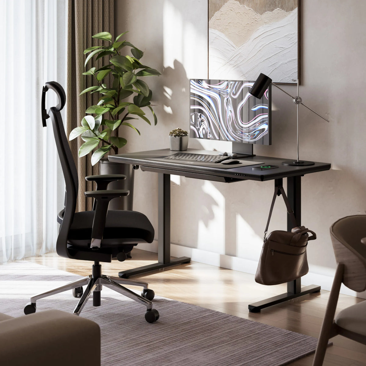 Mark Adler Leader 8.5 Black electric desk with a glass top