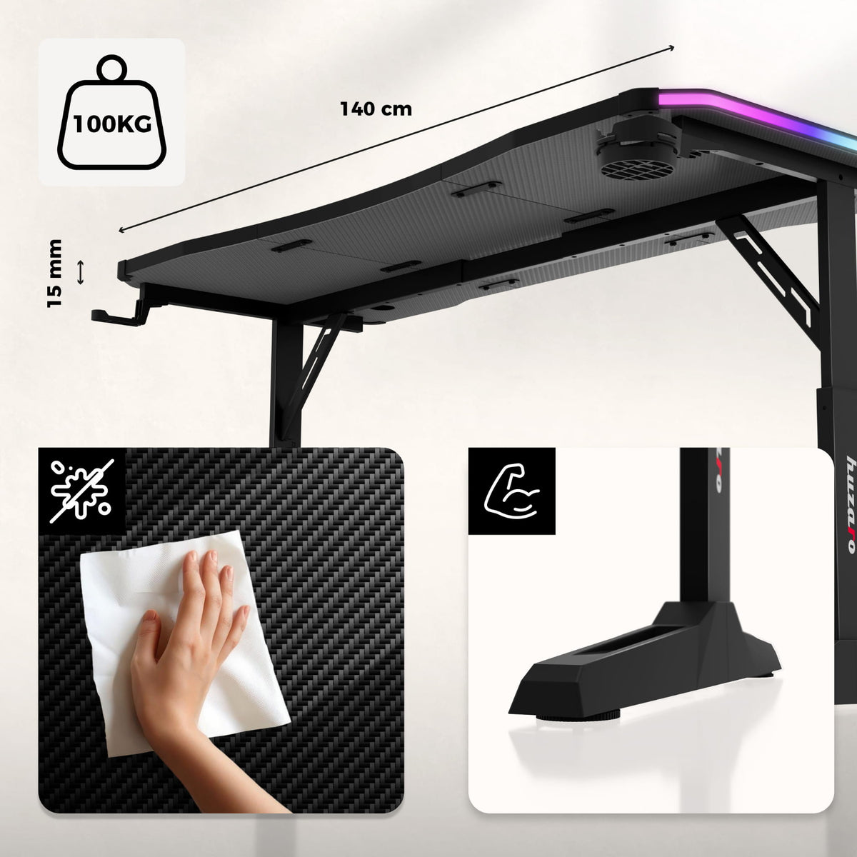 Huzaro Hero 3.6 RGB LED Black 140 cm gaming desk