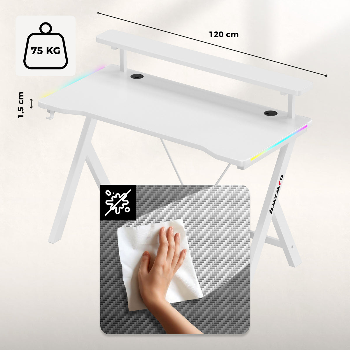Huzaro Hero 1.9 RGB White 120 cm LED gaming desk