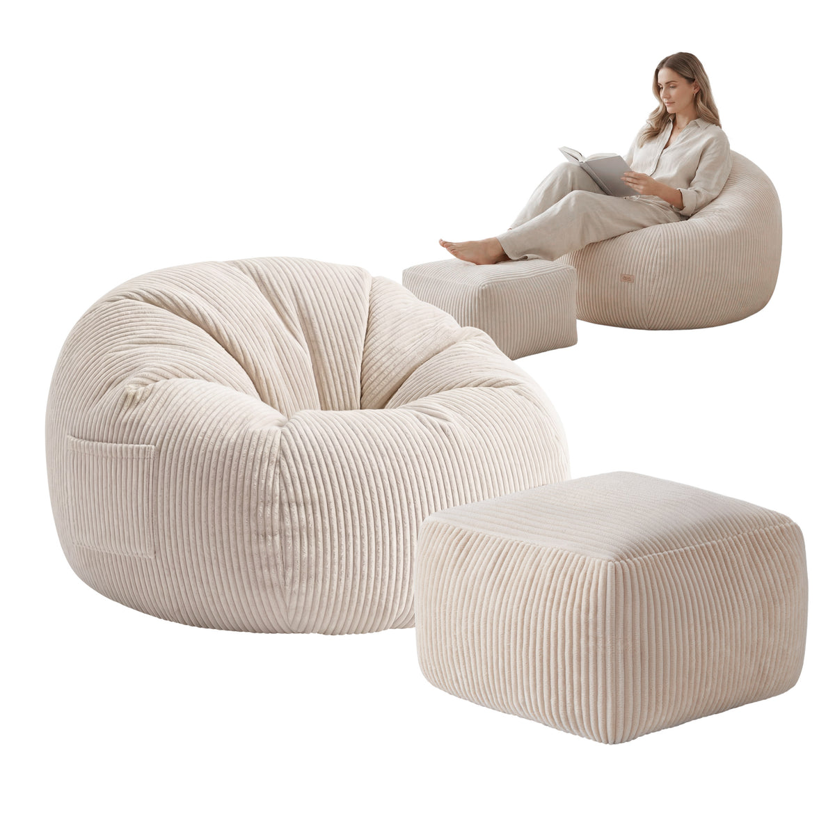 Mark Adler Comfy 3.0 Beige corduroy pouffe armchair with footstool