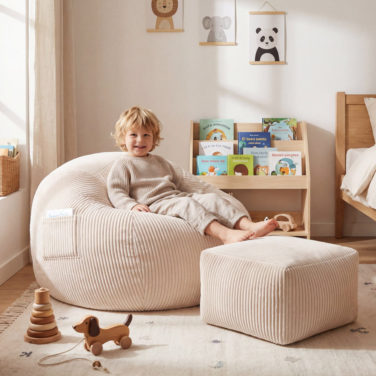 Mark Adler Comfy 3.0 Beige corduroy pouffe armchair with footstool