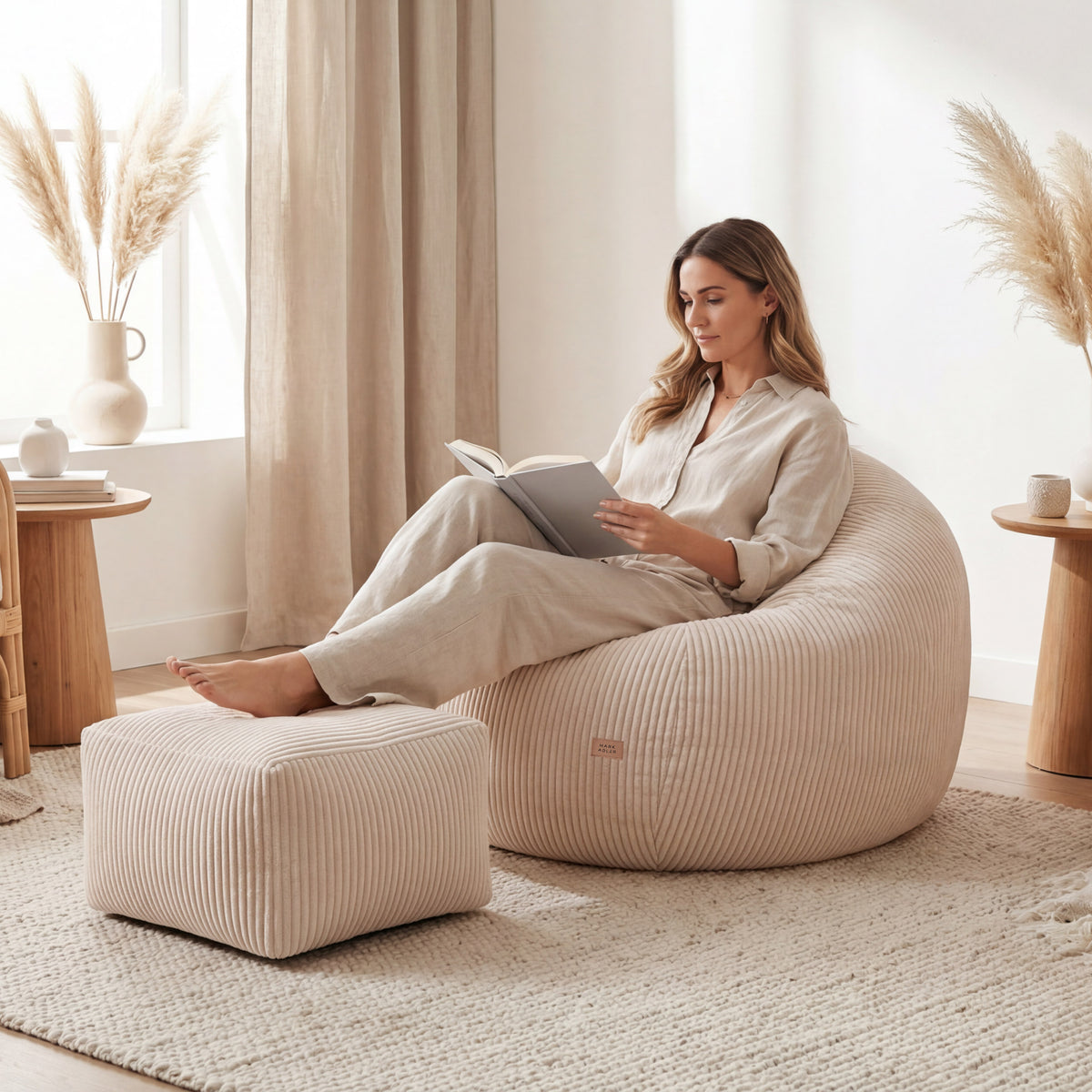 Mark Adler Comfy 3.0 Beige corduroy pouffe armchair with footstool