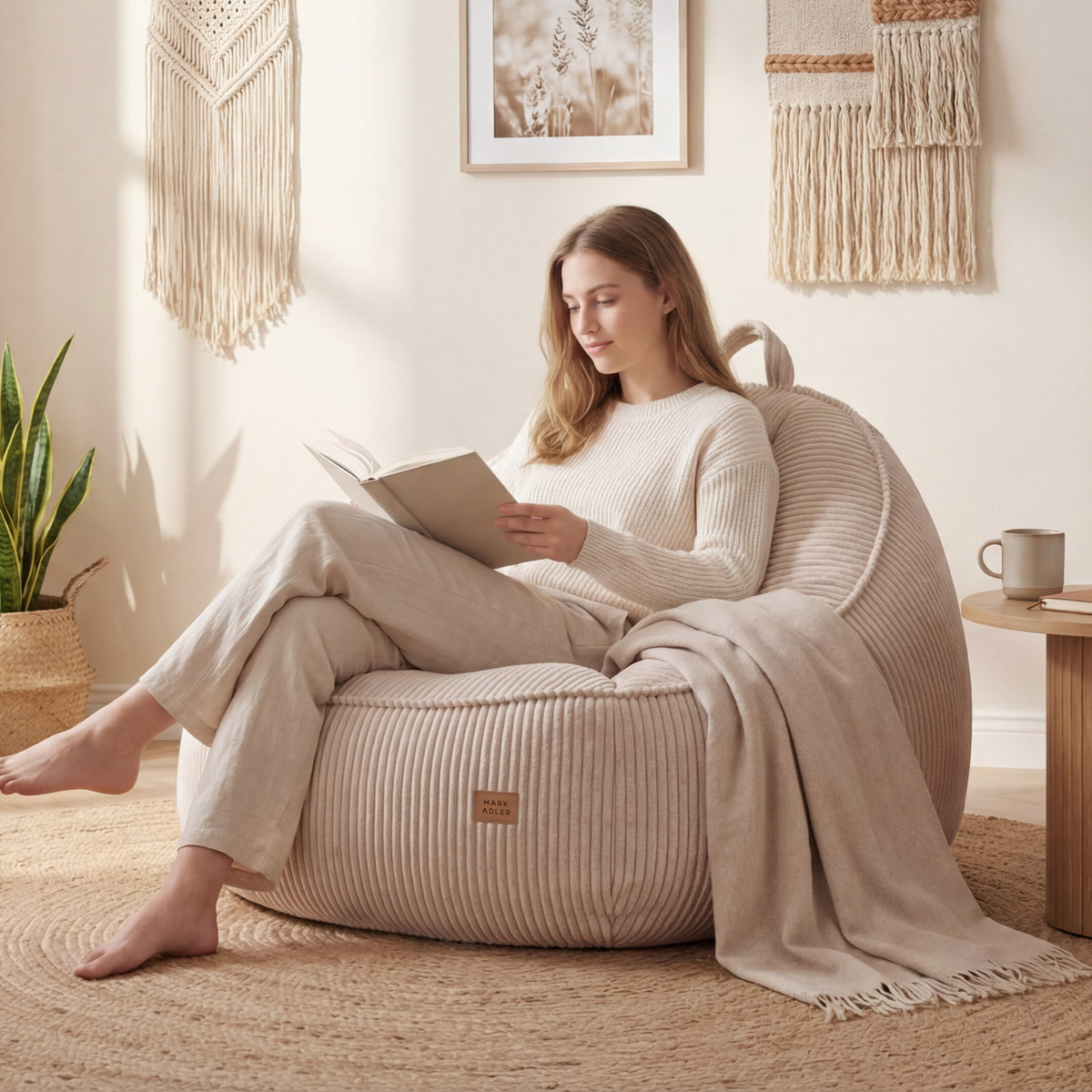 Mark Adler Comfy 4.0 Beige corduroy pouffe armchair with backrest