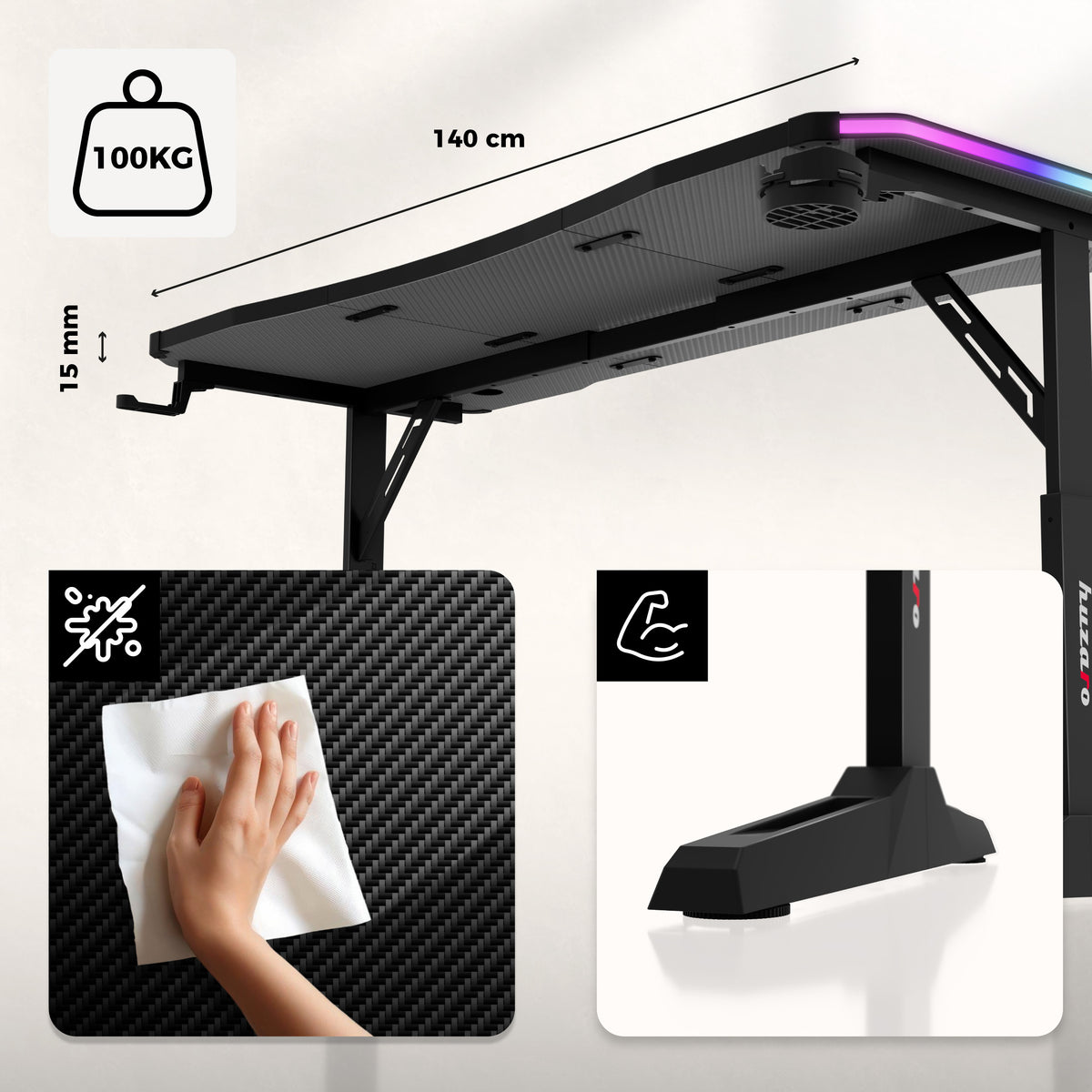 Huzaro Hero 3.6 RGB LED Black 140 cm gaming desk