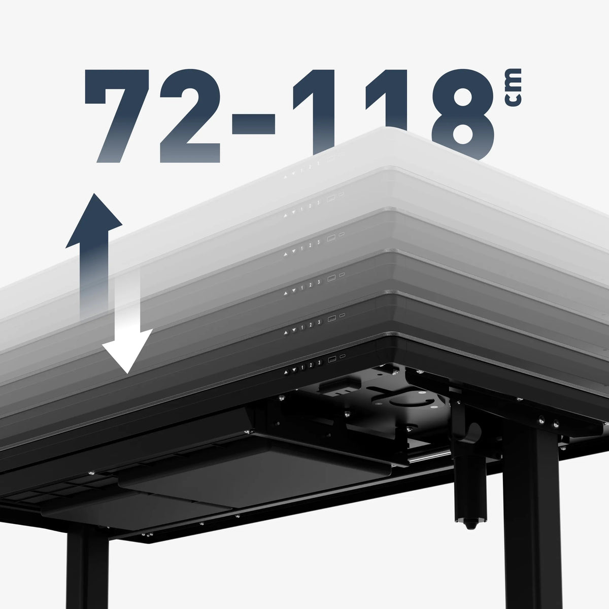 Smooth electric height adjustment: 72–118 cm