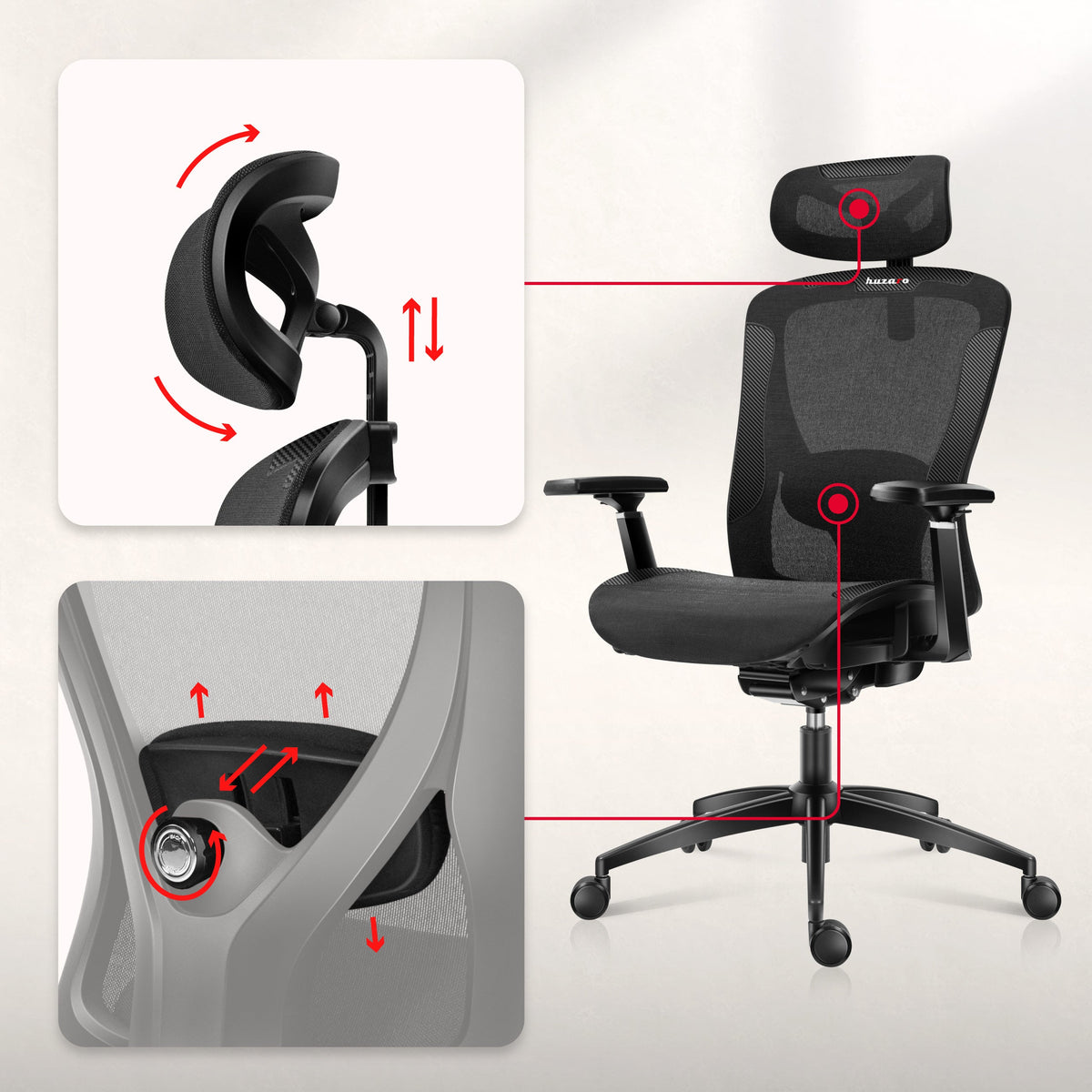 Adjustable 2D lumbar support and adjustable headrest